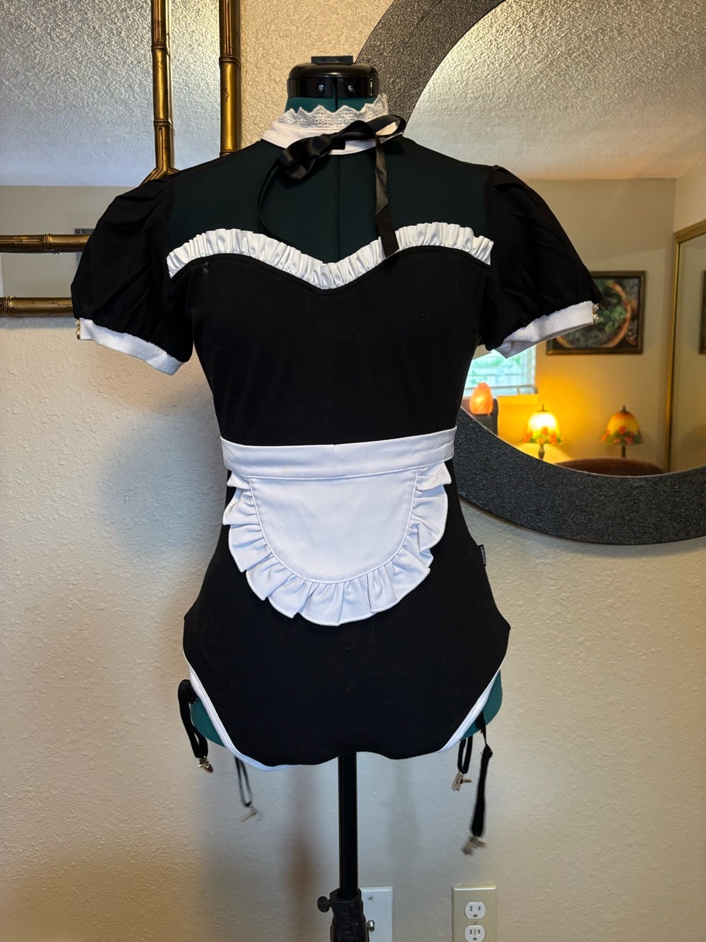 Black and White Ruffle-Trim Maid Crop Top